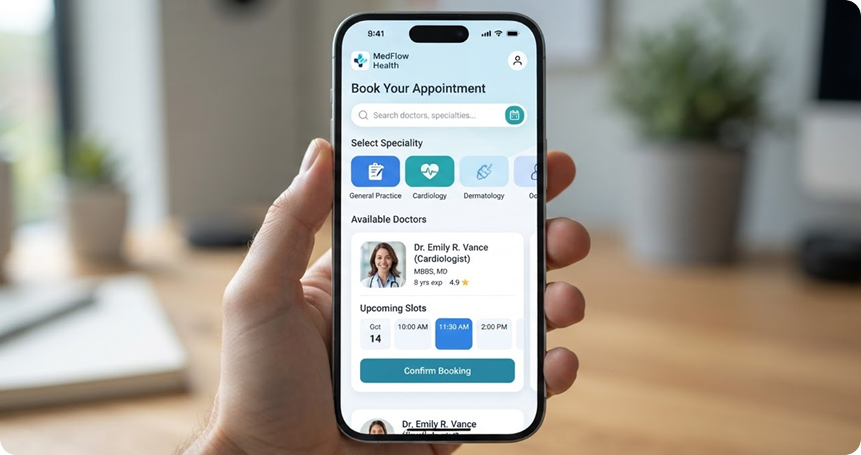 Hand holding phone with booking doctor interface