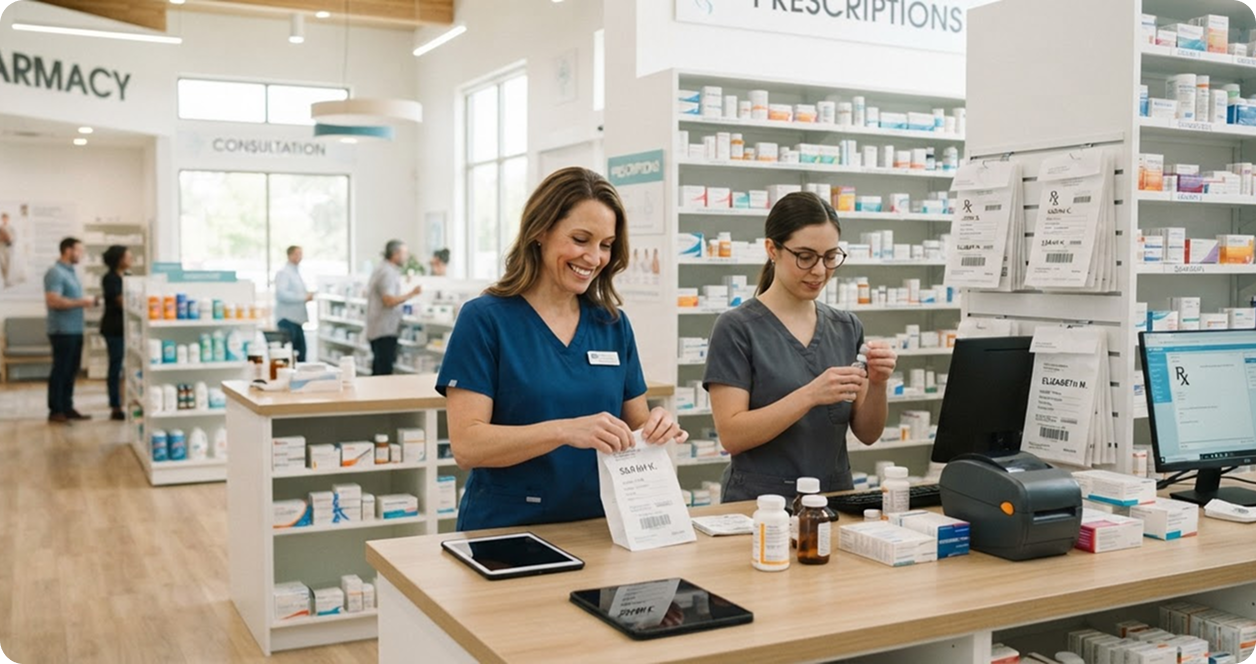 Doctor reviewing medical tablet prescription in clinic