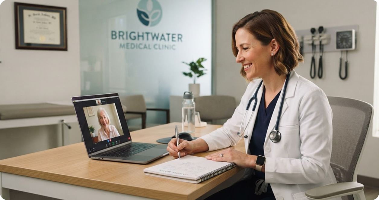 Female doctor having a video call consultation on laptop