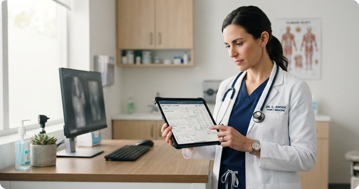 Doctor reviewing medical tablet prescription in clinic